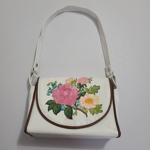 Vintage The Original Florida Keys Embossed Leather Shoulder Handbag Floral White - Picture 2 of 16